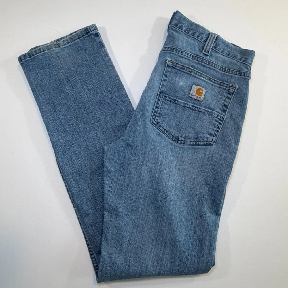 CARHARTT Rugged Flex Distressed Straight Leg Denim Blue Jeans 32 x 34